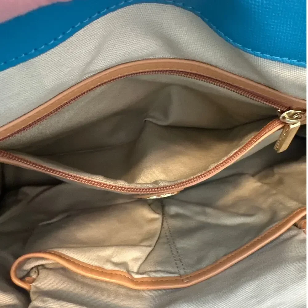 Tory Burch Jaden Tote Blue Canvas Coconut Tan Leather Shopper Bag